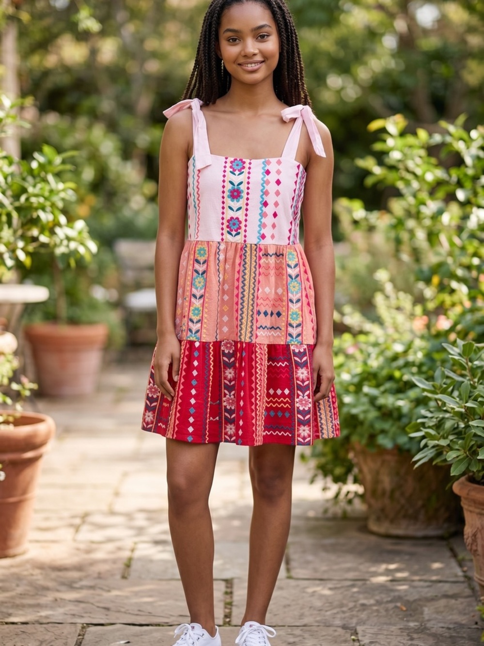 Savanna Jane Pink & Red Embroidered Tie-Shoulder Sundress